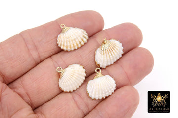 Genuine White Small Scallop Round Seashell Charms, Gold Edge White Flat Shells